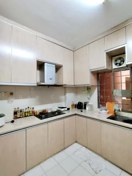 Kitchen features: light wood cabinetry, white tiled backsplash, stainless-steel range hood, 4-burner gas hob, built-in oven, single-bowl stainless-steel sink, chrome pull-down faucet, white tiled flooring, window with metal grille, various condiments and kitchenware on countertop, exhaust fan, wall-mounted cabinets; style: modern.