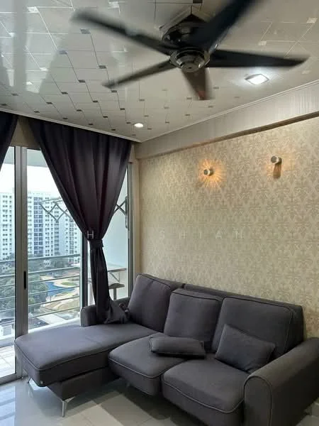 Living features: 3-seater fabric sofa in grey, ceiling fan, floor-to-ceiling windows, curtains in dark fabric, wall-mounted lighting fixtures, decorative wall with pattern, glossy tile flooring, open layout to balcony; style: modern; view: city.