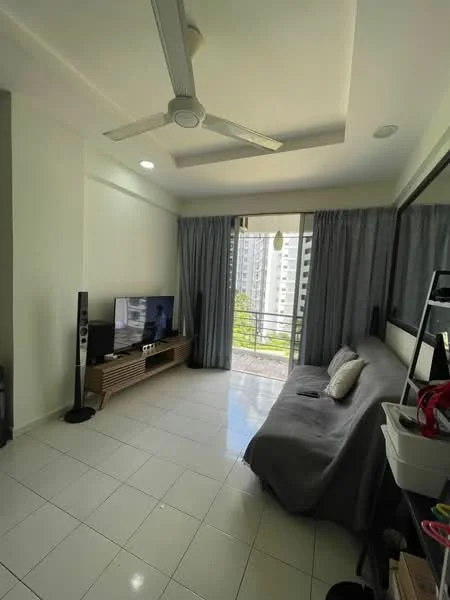Living features: grey fabric sofa, 3-blade ceiling fan, wall-mounted TV, TV console with storage, large sliding glass door, floor-to-ceiling curtains, white painted walls, tile flooring, decorative mirror, open shelving unit, natural light from balcony; style: modern; view: garden.