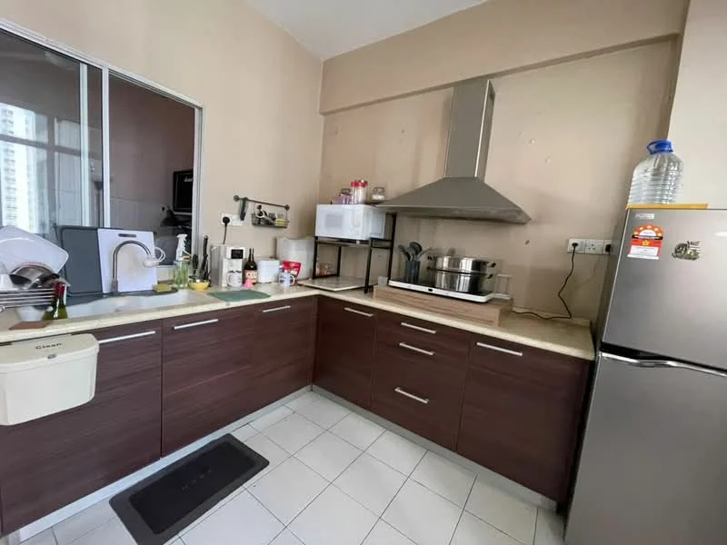 Kitchen features: brown wooden cabinetry, granite countertop, stainless-steel range hood, built-in microwave, freestanding stove, stainless-steel fridge, single-bowl stainless-steel sink, chrome pull-down faucet, white tiled backsplash, white tiled flooring, kitchen utensils on countertop, water dispenser, window with view to outside; style: modern; view: city.