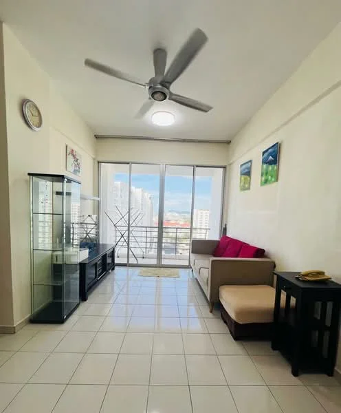 Living features: white painted walls, glossy white tile flooring, 5-blade ceiling fan with light, large floor-to-ceiling windows, sliding glass door, beige fabric sofa, red accent cushions, black TV console, glass display cabinet, decorative wall clock, area rug, natural light from windows; style: modern; view: city.