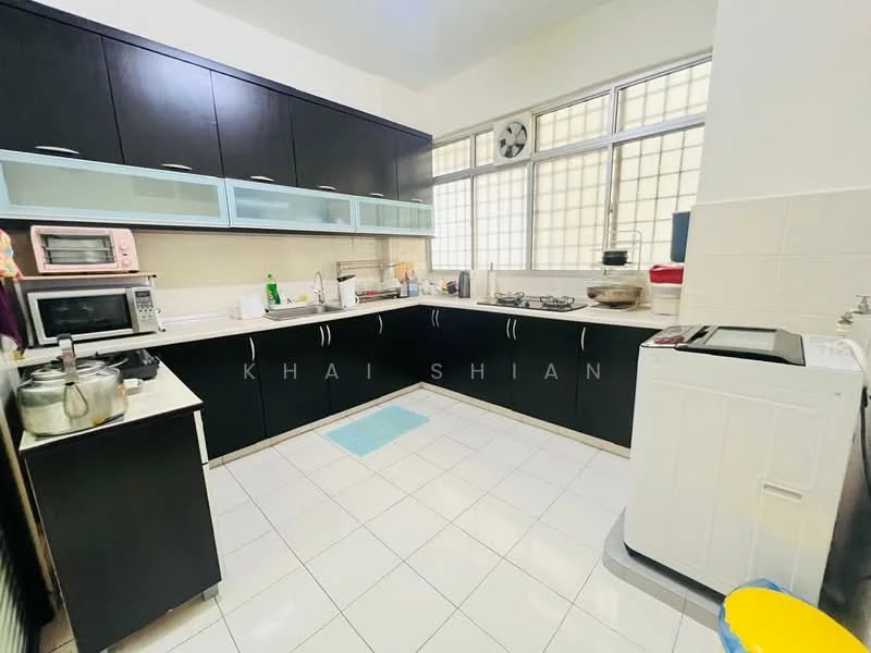 Kitchen features: black cabinetry with glass upper cabinets, white tiled backsplash, white countertop, stainless-steel sink, chrome pull-down faucet, built-in gas stove with multiple burners, microwave, freestanding washing machine, tile flooring, window with grid pattern, recessed lighting, kitchen appliances including a toaster, open shelving, kitchen utensils and containers; style: modern.