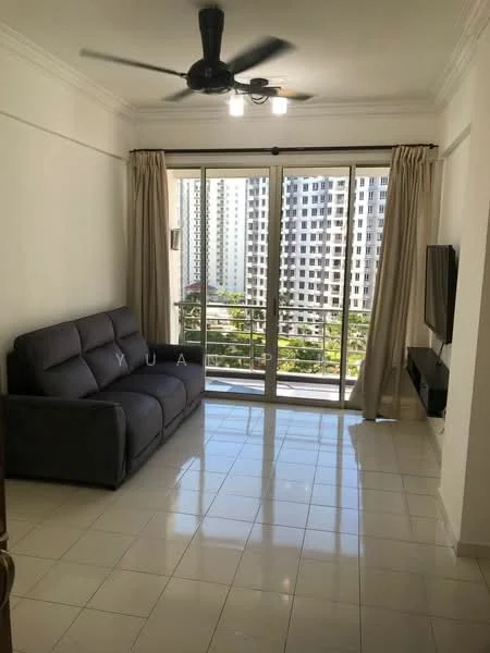 Living features: 3-seater fabric sofa in grey, floor-to-ceiling windows, sliding glass door, cream painted walls, white tiled flooring, ceiling fan, recessed downlights, curtains, TV console, wall-mounted TV; style: modern; view: garden.