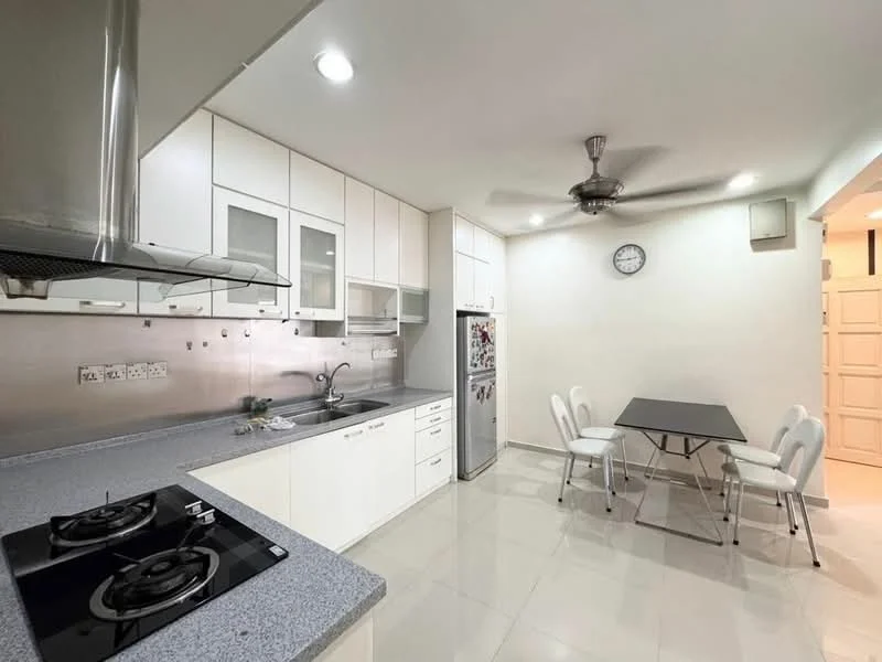 Kitchen features: white cabinetry, grey countertop, stainless-steel sink, chrome pull-down faucet, built-in gas hob with 2 burners, stainless-steel range hood, stainless-steel fridge, dining table for 4, 4 white chairs, ceiling fan, wall clock, tile flooring, white painted walls, under-cabinet lighting; style: modern.
