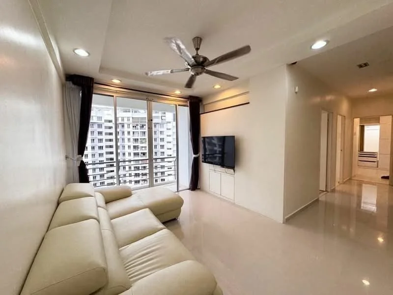 Living features: cream leather sectional sofa, wall-mounted flat-screen TV, white painted walls, glossy tile flooring, ceiling fan with light, floor-to-ceiling windows, sheer curtains, recessed downlights; style: modern; view: city.