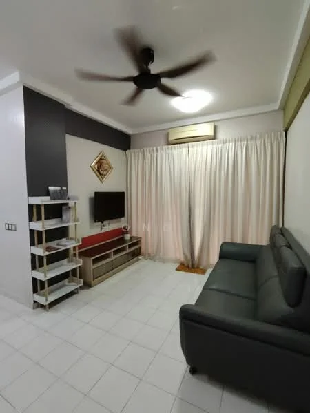 Living features: 3-seater leather sofa, wall-mounted TV, TV console, open shelving unit, white tiled flooring, ceiling fan, curtains, recessed lighting, decorative wall art, air conditioning unit; style: modern.