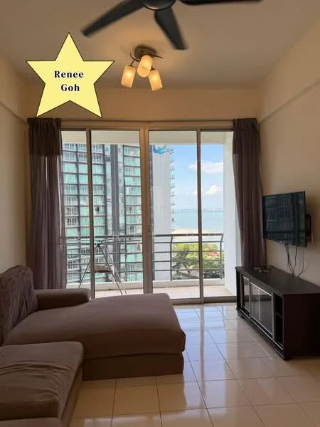 Living features: 3-seater fabric sofa in beige, ceiling fan with light, floor-to-ceiling windows, sliding glass door, TV console, wall-mounted TV, ceramic tile flooring, curtains, balcony view, decorative wall, light fixture with multiple bulbs; style: modern; view: sea.