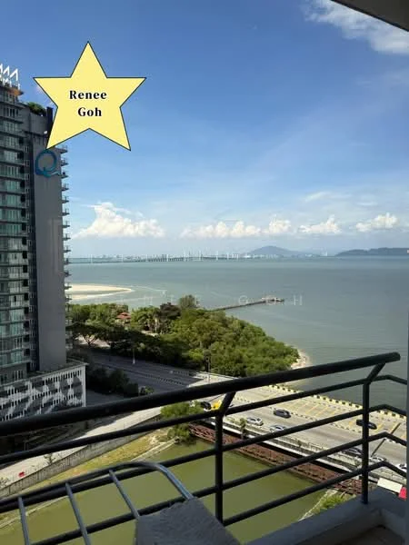 Exterior type: high-rise condominium; features: glass curtain wall facade, recessed balconies, surrounded by mature greenery, waterfront view, city skyline in background, roadway visible in foreground; style: modern.