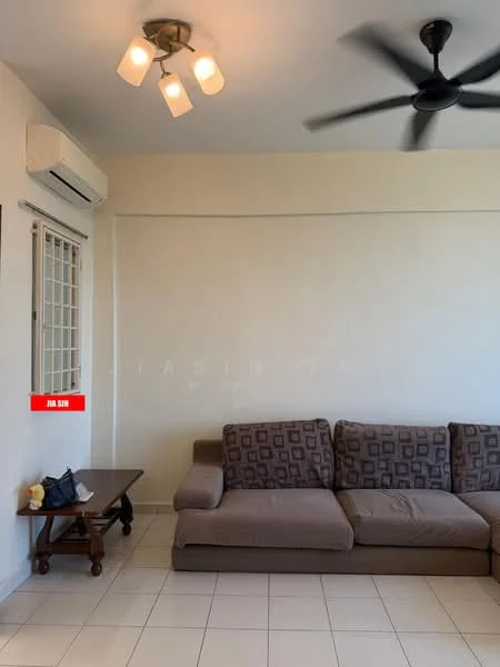 Living features: 3-seater fabric sofa in brown, coffee table, wall-mounted split AC, 5-blade ceiling fan with light, white painted walls, tile flooring, window with grille, decorative wall art; style: modern.
