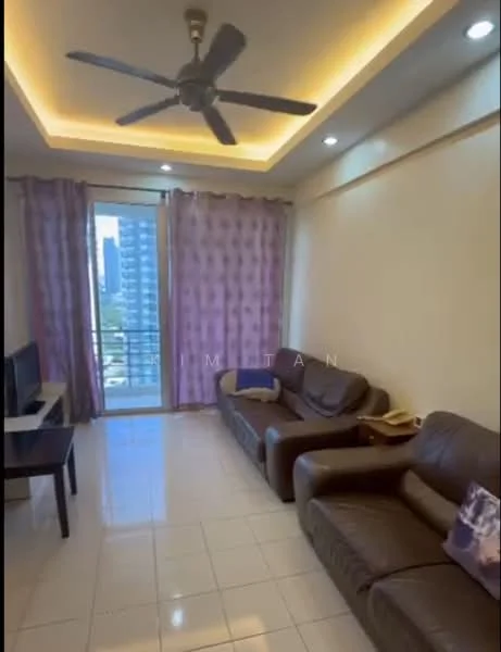 Living features: 5-blade ceiling fan with light, sofa in brown leather, coffee table, TV console, wall-mounted TV, floor-to-ceiling windows, curtains in purple, white painted walls, glossy tile flooring, recessed lighting, decorative cushion; style: modern; view: city.