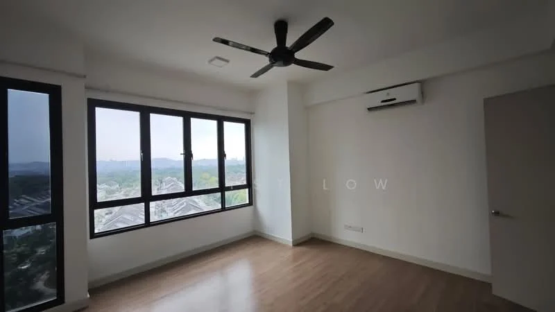 Room features: large floor-to-ceiling windows, wooden flooring, white painted walls, ceiling fan, wall-mounted split AC, neutral color scheme, view of greenery, natural light; style: modern; view: garden.