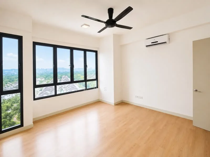 Room features: light wood laminate flooring, white painted walls, 5-blade ceiling fan, wall-mounted split AC, floor-to-ceiling windows, city view, natural light, neutral color scheme; style: modern; view: city.