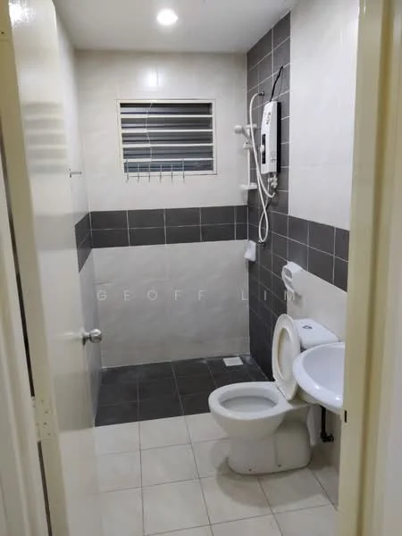 Bathroom features: white ceramic toilet, single-sink vanity with wall-mounted faucet, mirror above sink, shower area with wall-mounted showerhead, grey tiled walls, white tiled walls, ceramic tile flooring, window with horizontal slats, water heater mounted on wall, towel rack, toilet paper holder; style: modern.