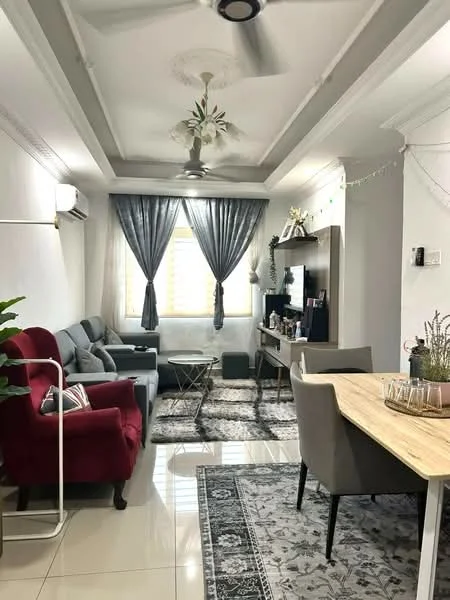 Living features: grey fabric sofa, red upholstered armchair, wooden dining table, grey upholstered dining chairs, area rug with geometric pattern, ceiling fan with light, recessed ceiling with crown moulding, floor-to-ceiling windows with sheer curtains, TV console, decorative wall shelf, wall-mounted TV, potted plants, decorative mirror; style: modern.