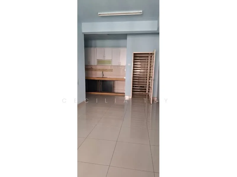 Kitchen features: light blue painted walls, glossy beige tile flooring, kitchen cabinetry with light wood finish, countertop with beige surface, single-bowl stainless-steel sink, chrome pull-down faucet, wall-mounted shelving, open layout, recessed ceiling lights; style: modern.
