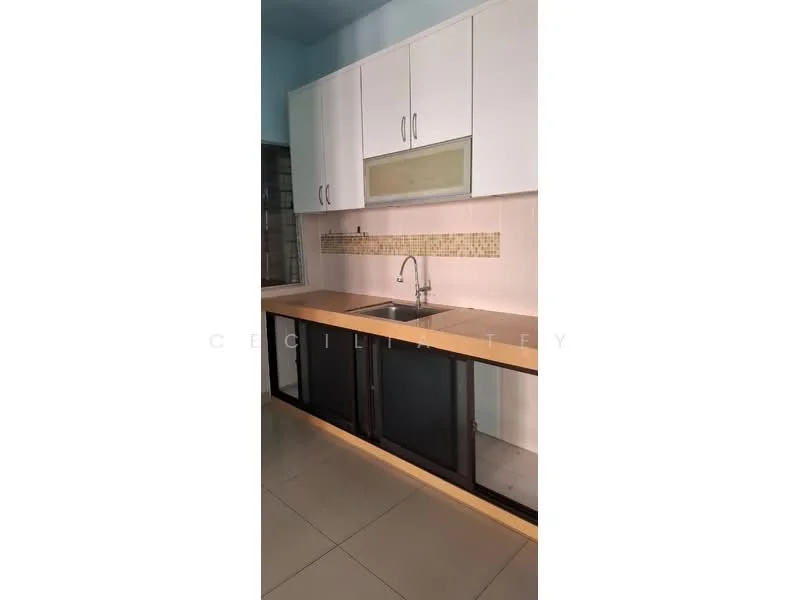 Kitchen features: single-bowl stainless-steel sink, chrome pull-down faucet, laminate countertop, white upper cabinets, black lower cabinets, mosaic tile backsplash, grey ceramic tile flooring, under-cabinet lighting; style: modern.