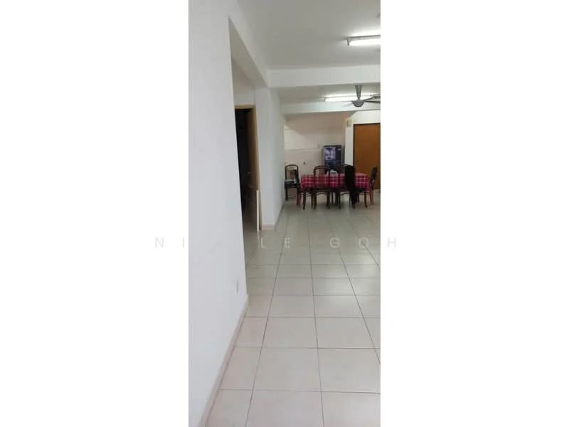 Room features: white painted walls, tile flooring, ceiling lights, dining table with chairs, open layout, doorway leading to another room, wall-mounted ceiling fan.