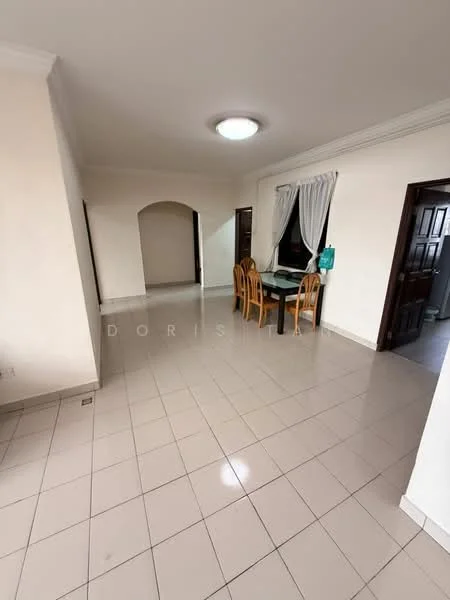 Room features: white painted walls, tile flooring, recessed ceiling light, dining table with four chairs, curtains on window, arched doorway, doorway leading to another room, open layout.