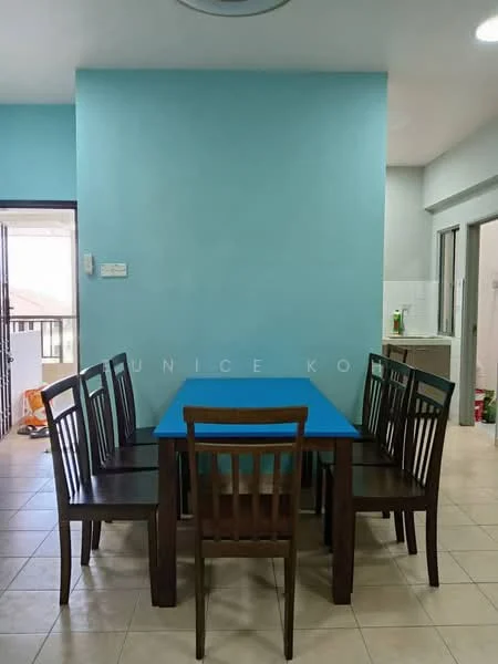 Dining features: blue painted wall, light beige tiled flooring, rectangular dining table with blue tabletop, 6 wooden dining chairs, ceiling light fixture, open layout to adjacent kitchen, window with natural light, neutral decor; style: modern.