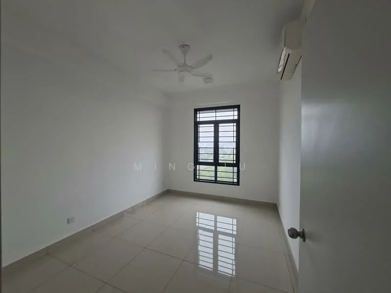 Room features: white painted walls, glossy ceramic tile flooring, ceiling fan, window with black frames, air conditioning unit, natural light from window, neutral color scheme; style: modern; view: garden.