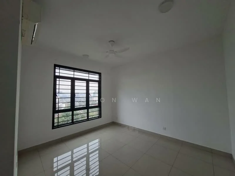 Room features: white painted walls, glossy ceramic tile flooring, ceiling with recessed downlights, 5-blade ceiling fan, floor-to-ceiling windows, black window frames, city view; style: modern; view: city.
