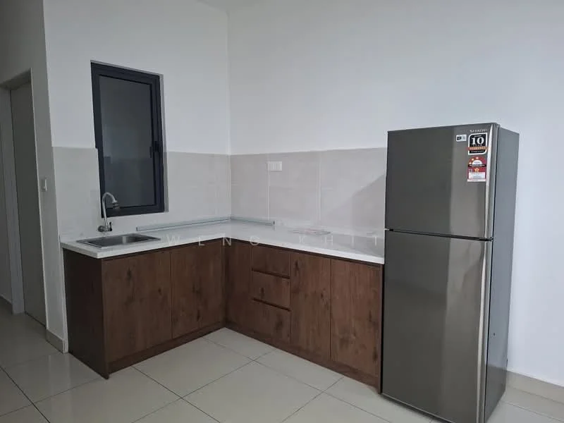Kitchen features: stainless-steel fridge, single-bowl stainless-steel sink, chrome pull-down faucet, white quartz countertop, wood cabinetry with brown finish, ceramic tile backsplash, wall-mounted window, light-colored wall tiles, glossy floor tiles; style: modern.