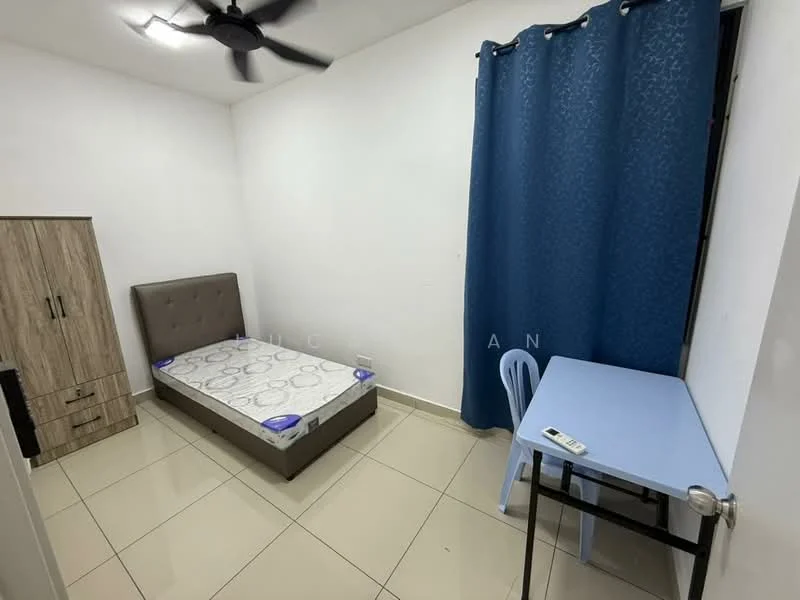 Bedroom features: queen-size bed with upholstered headboard, light blue curtains, white painted walls, cream tiled flooring, ceiling fan, wooden wardrobe with two doors, study desk with blue surface, plastic chair; style: minimalist.