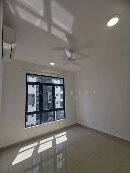 Room features: white painted walls, glossy tile flooring, ceiling fan, recessed LED downlights, floor-to-ceiling window, window treatments not visible, air conditioning unit, natural light from window; style: modern; view: city.