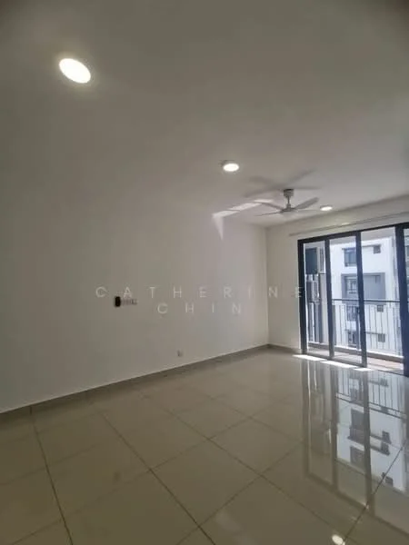 Living features: white painted walls, glossy ceramic tile flooring, recessed downlights, 5-blade ceiling fan, floor-to-ceiling windows, sliding glass door, natural light, balcony access; style: modern.
