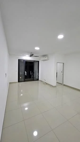 Room features: white painted walls, glossy ceramic tile flooring, recessed LED downlights, 1 wall-mounted split AC, sliding glass door, floor-to-ceiling windows, door leading to another room, neutral color scheme; style: modern.