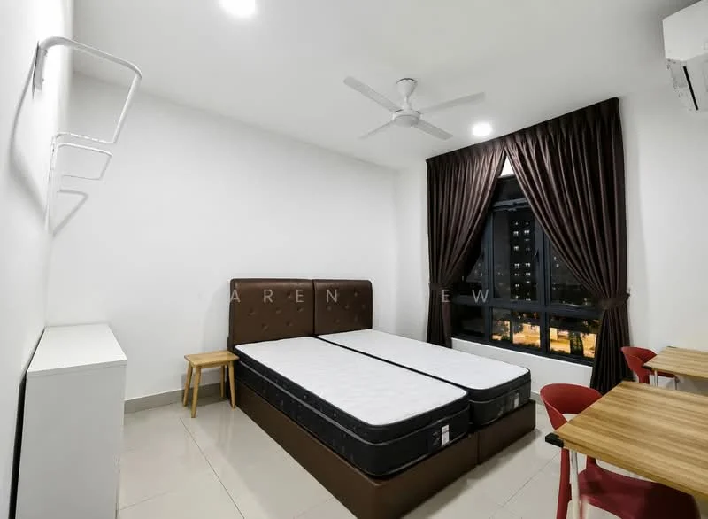Bedroom features: two single beds with mattresses, white painted walls, light grey floor tiles, ceiling fan, floor-to-ceiling window, dark brown curtains, small wooden stool, white storage cabinet, dining table with two red chairs, air conditioning unit; style: modern; view: city.