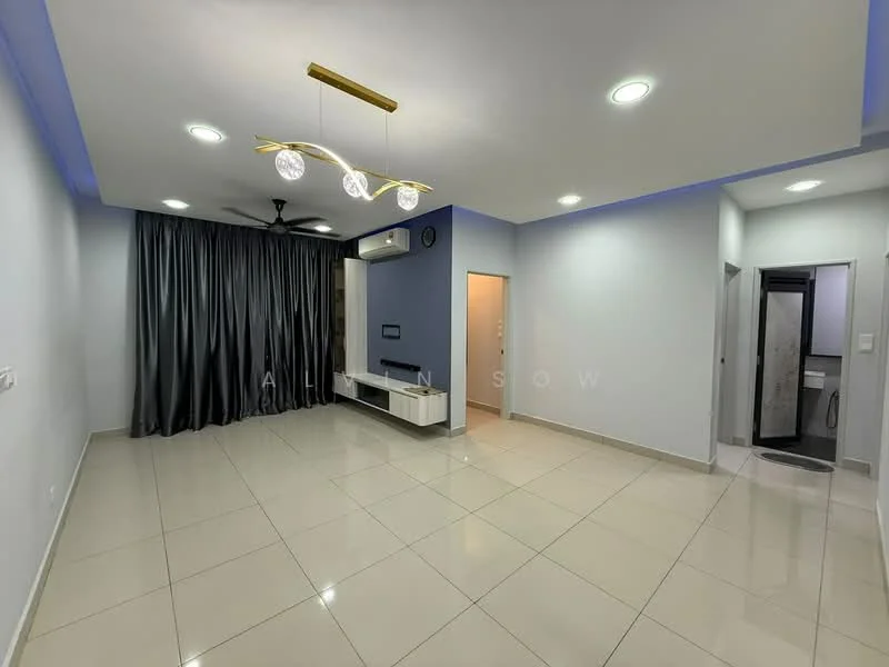 Living features: white painted walls, grey curtains, recessed downlights, 5-blade ceiling fan with light, wall-mounted TV console, ceramic tile flooring, air conditioning unit, doorway to bathroom; style: modern.