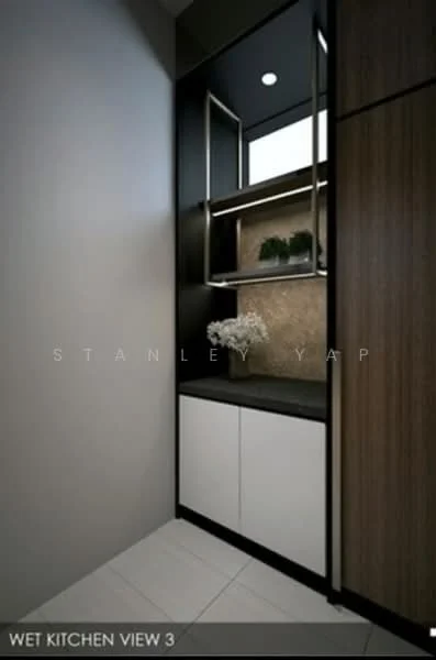 Kitchen features: black cabinetry, wooden cabinetry, grey countertop, open shelving, white walls, tile flooring, recessed downlights, decorative plants; style: modern.