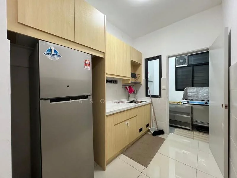 Kitchen features: stainless-steel fridge, light wood cabinetry, white countertop, single-bowl stainless-steel sink, chrome pull-down faucet, ceramic tile flooring, wall-mounted cabinets, window with black frame, kitchen mat, built-in shelving, appliance garage, recessed lighting; style: modern.