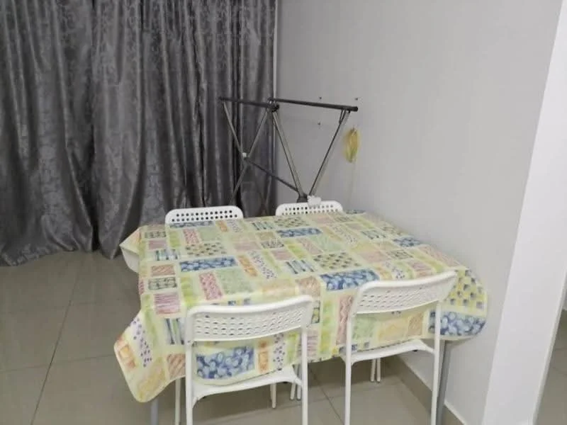 Dining features: dining table with patterned tablecloth, 4 white plastic dining chairs, grey curtains, tiled flooring, clothes drying rack, white walls, ceiling light fixture; style: modern.
