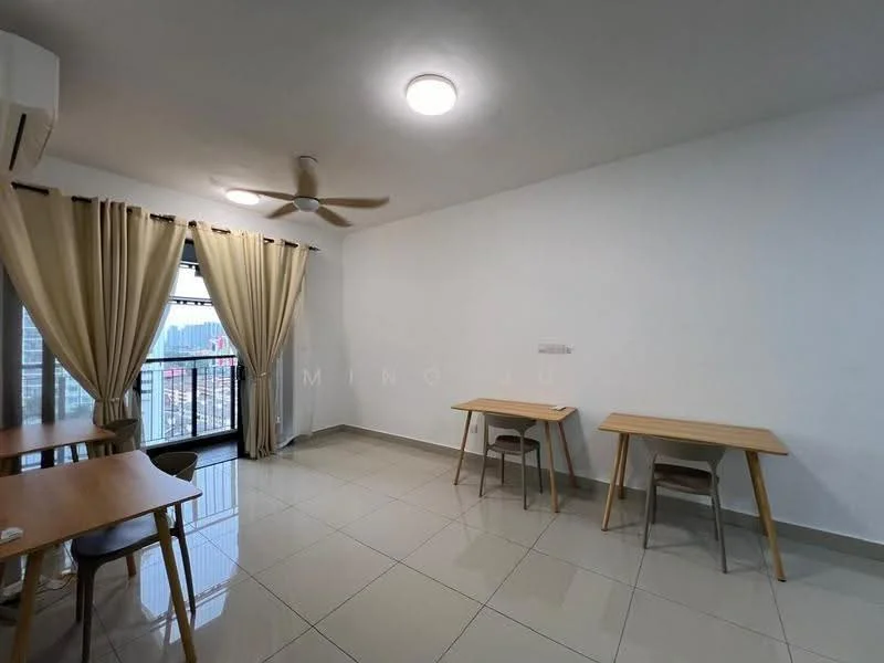 Living features: white painted walls, grey tiled flooring, 5-blade ceiling fan with light, floor-to-ceiling windows, sheer curtains, two wooden tables, two chairs, balcony access; style: modern; view: city.