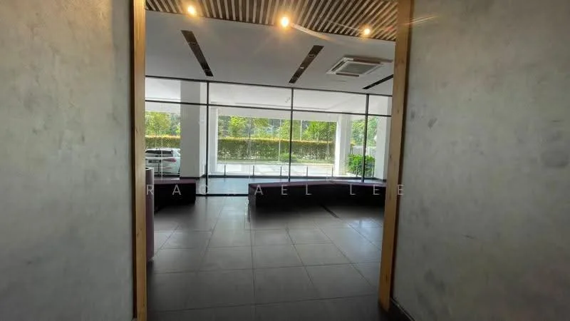 Room features: grey painted walls, floor-to-ceiling windows, sliding glass door, black tile flooring, recessed downlights, air conditioning unit, open layout, view of greenery; style: modern; view: garden.