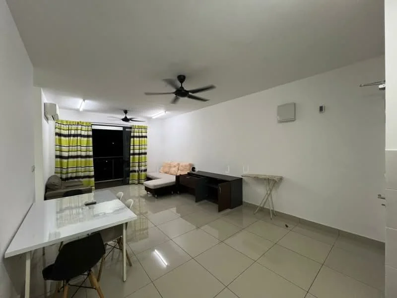 Living features: white painted walls, glossy ceramic tile flooring, 2 ceiling fans, sofa, coffee table, dining table with 4 chairs, curtains with yellow and grey stripes, wall-mounted air conditioning unit, sliding glass door leading to balcony, TV console; style: modern.