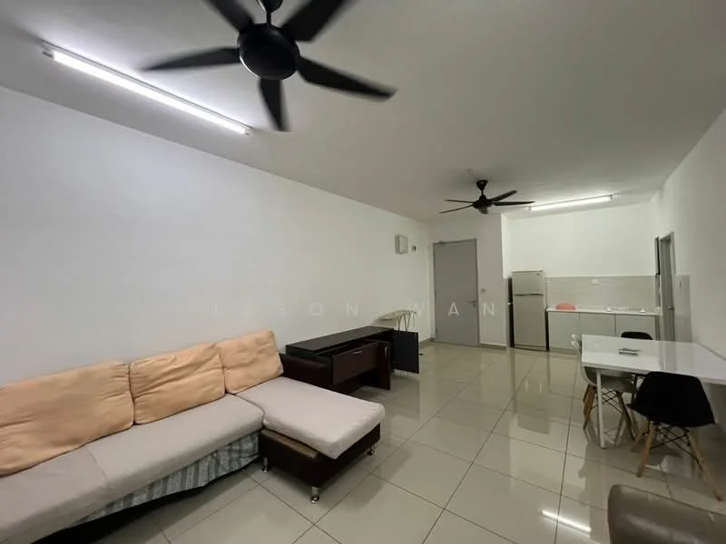 Living features: L-shape sectional sofa in beige, coffee table, 2 ceiling fans, white painted walls, glossy tile flooring, recessed LED downlights, open layout to kitchen, dining table with chairs; style: modern. Kitchen features: stainless-steel fridge, white cabinetry, countertop, sink, stove, tile backsplash; style: modern.