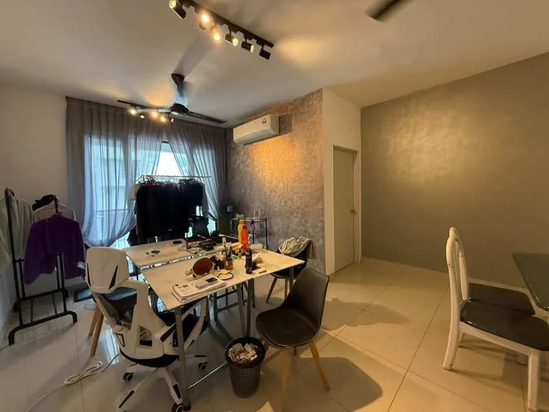 Room features: white walls, grey accent wall, tile flooring, ceiling fan, recessed downlights, large windows with sheer curtains, dining table, plastic chairs, clothes rack, various items on the table, air conditioning unit; style: modern.