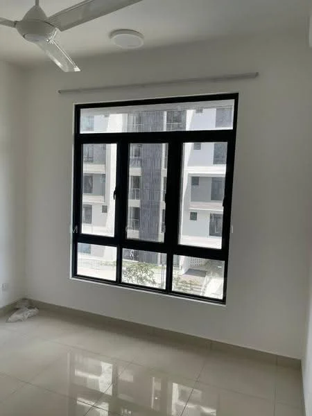 Room features: large black-framed window, white painted walls, polished tile flooring, ceiling fan, natural light from window; style: modern; view: courtyard.