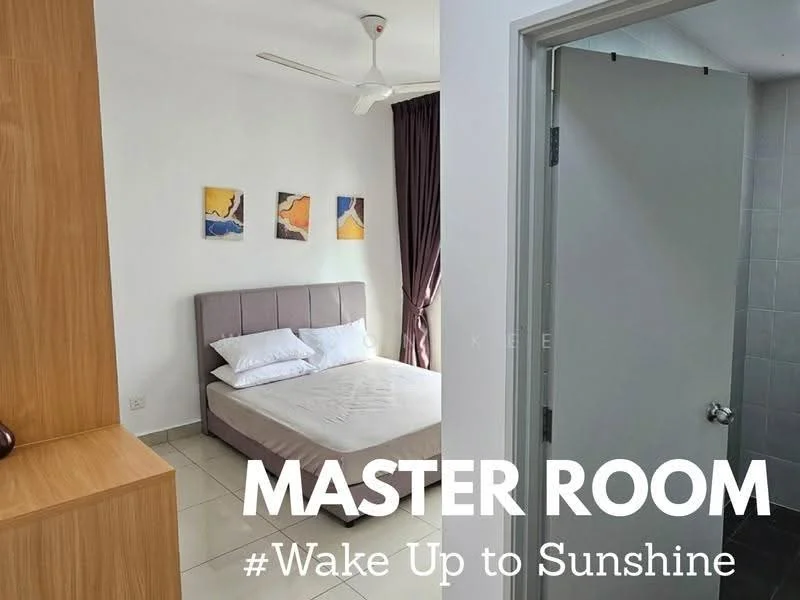 Bedroom features: queen-size bed, upholstered headboard, two bedside pillows, ceiling fan, white painted walls, tile flooring, curtains, framed artwork on walls, built-in wardrobe; style: modern. Bathroom features: tiled walls, tiled flooring, shower area, toilet, sink with mirror.