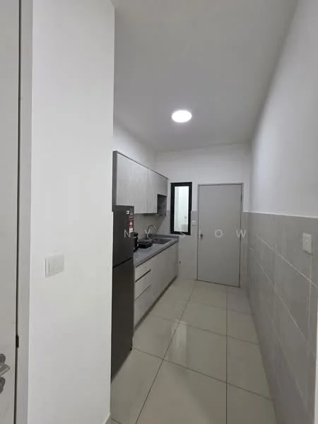 Kitchen features: white painted walls, grey cabinetry, black refrigerator, single-bowl stainless-steel sink, chrome pull-down faucet, grey countertop, ceramic tile flooring, recessed LED downlights, window with black frame, door to hallway; style: modern.