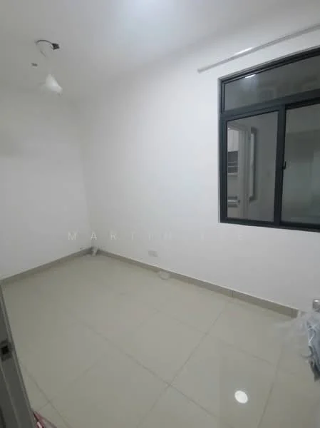 Room features: white painted walls, glossy ceramic tile flooring, large window with black frame, ceiling light fixture, neutral color scheme; style: modern.