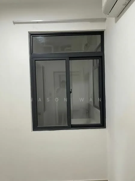 Room features: white painted walls, grey framed window, floor-to-ceiling window, air conditioning unit, neutral flooring.