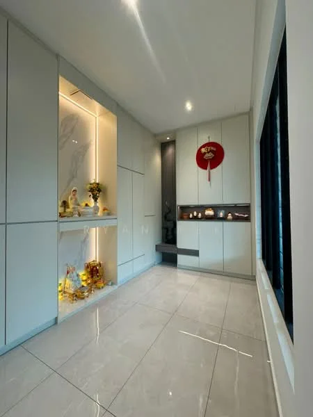 Room features: white painted walls, marble tile flooring, recessed downlights, built-in cabinetry, decorative display niche with lighting, staircase leading to upper level, black accent wall, decorative wall art, small decorative items on shelves; style: modern.