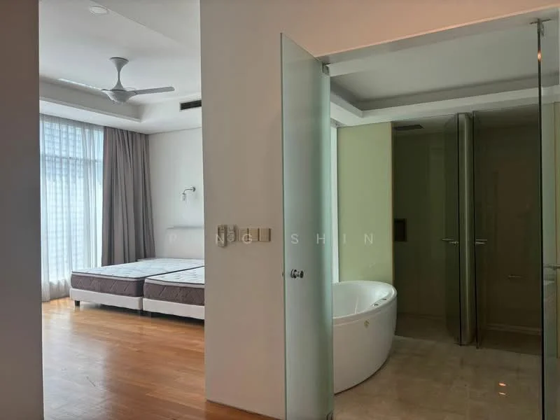 Bedroom features: queen-size bed, upholstered headboard, wooden flooring, floor-to-ceiling windows, sheer curtains, ceiling fan, wall-mounted light, decorative wall sconce; style: modern. Bathroom features: freestanding bathtub, glass shower enclosure, tile flooring, vanity with sink, mirror, chrome faucet; style: modern.