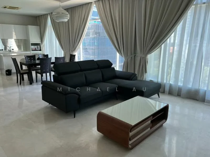 Living features: 3-seater fabric sofa in black, coffee table with wooden base and white top, floor-to-ceiling windows, sheer curtains, marble flooring, dining table for 4 with black chairs, recessed ceiling lights, open layout to kitchen; style: modern; view: city.