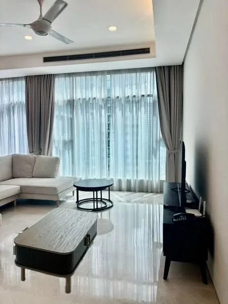 Living features: 3-seater fabric sofa in light beige, coffee table with black surface and metal legs, wall-mounted TV, floor-to-ceiling windows, sheer curtains, recessed downlights, ceiling fan, marble flooring, decorative wall paneling; style: modern; view: city.