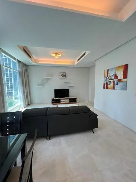 Living features: black leather sofa, coffee table, wall-mounted TV, TV console, white painted walls, tray ceiling with recessed lighting, floor-to-ceiling windows, sheer curtains, light-colored tile flooring, decorative wall shelves, abstract painting, area rug; style: modern; view: city.